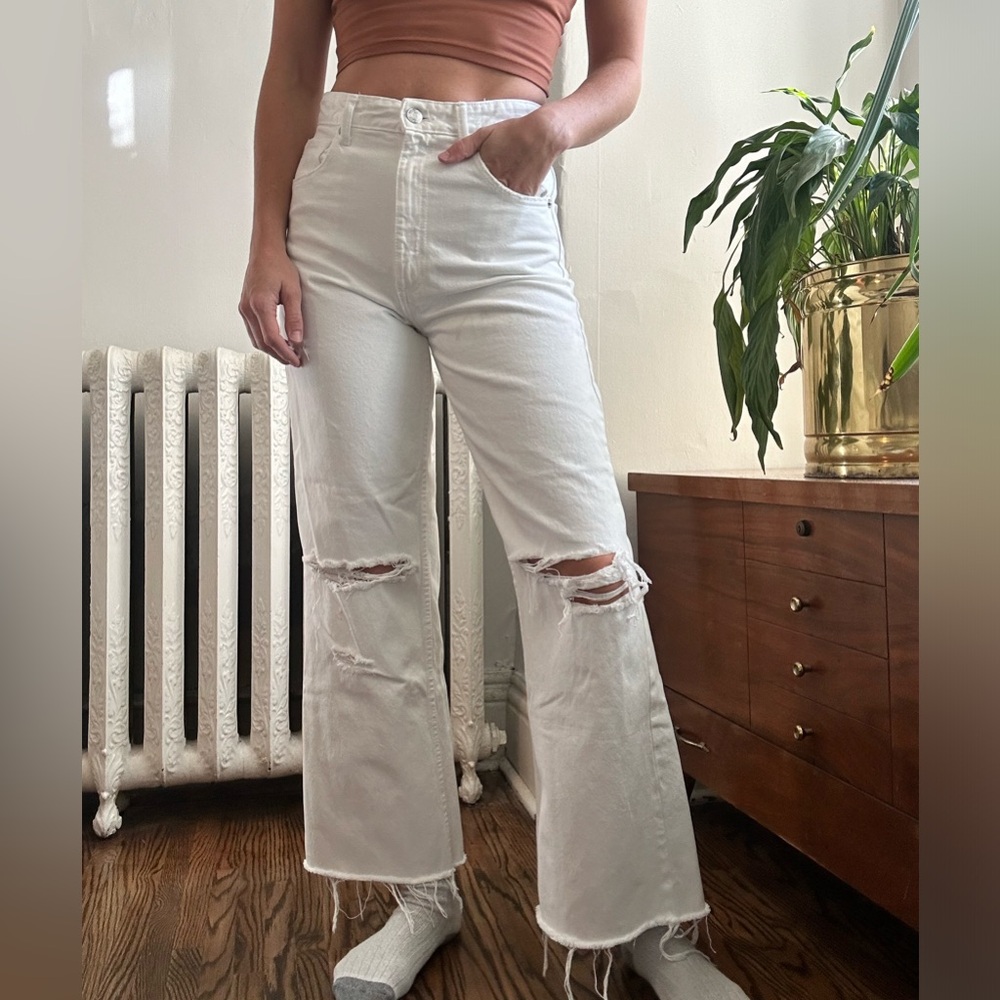 Zara wide leg ripped white jeans
